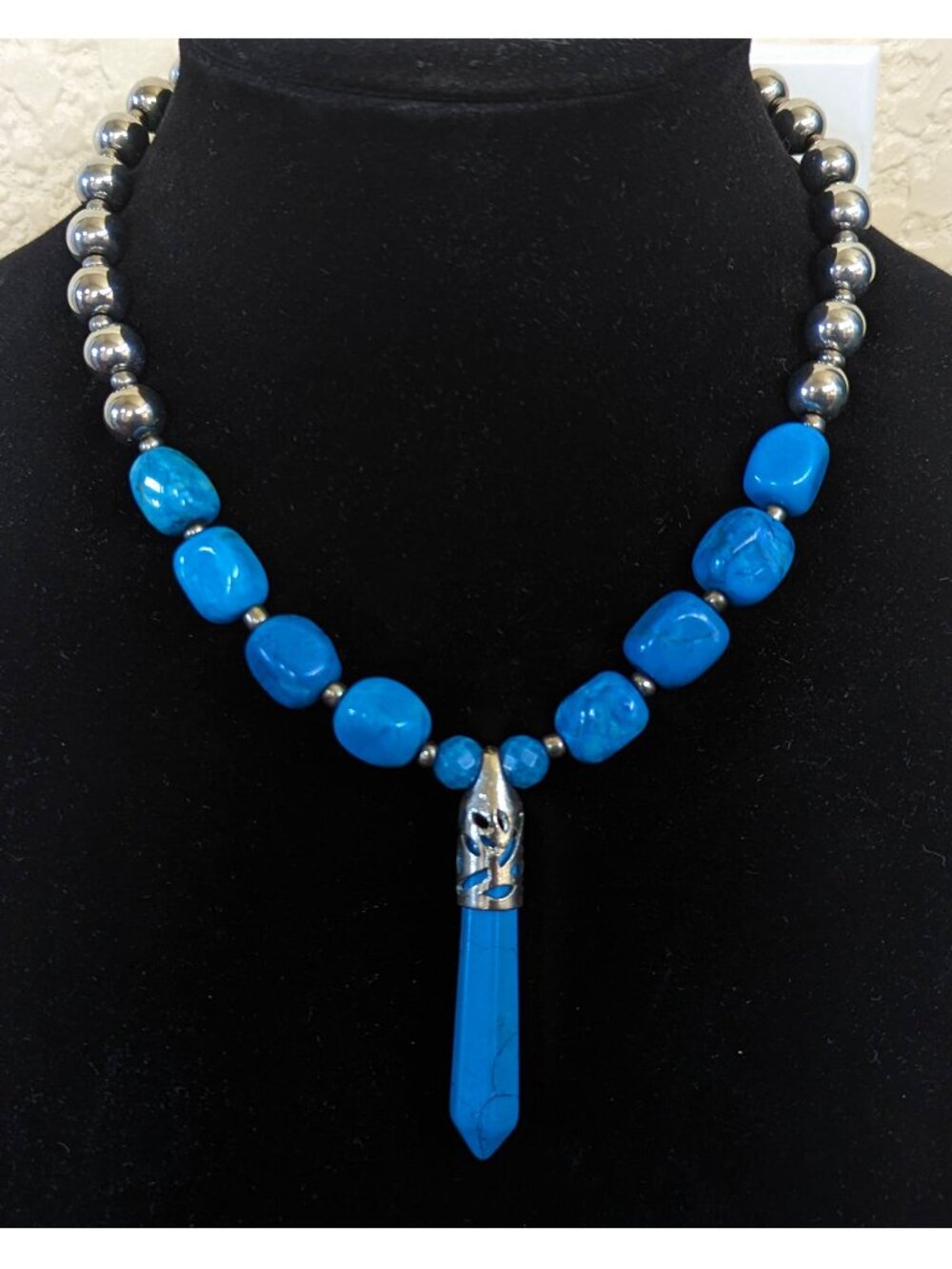 Southwestern Teal Blue Jasper & Silver Hematite Pendant Statement Necklace